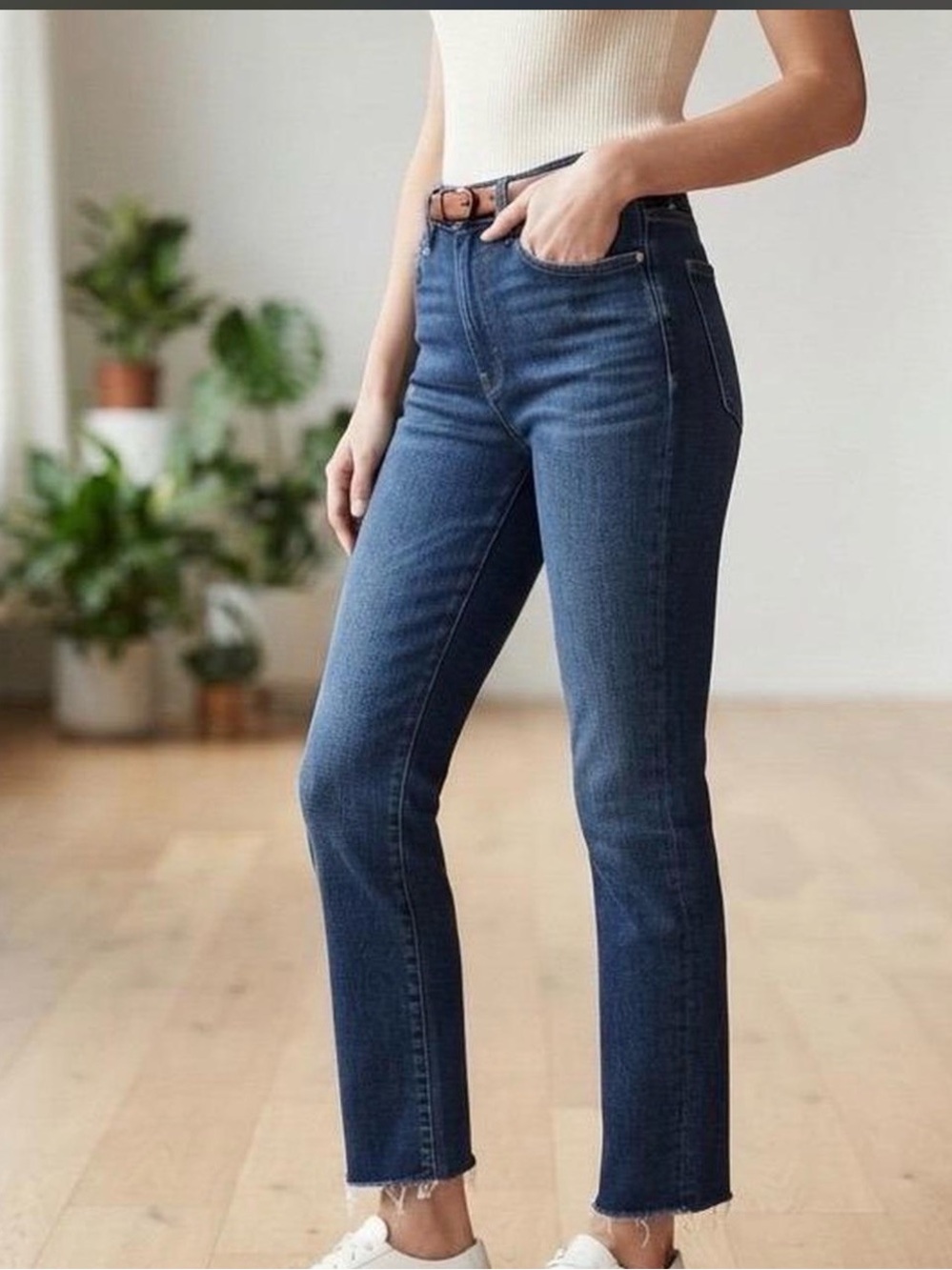 PAIGE Dark Wash Amber Straight Leg Raw Hem Jeans 24